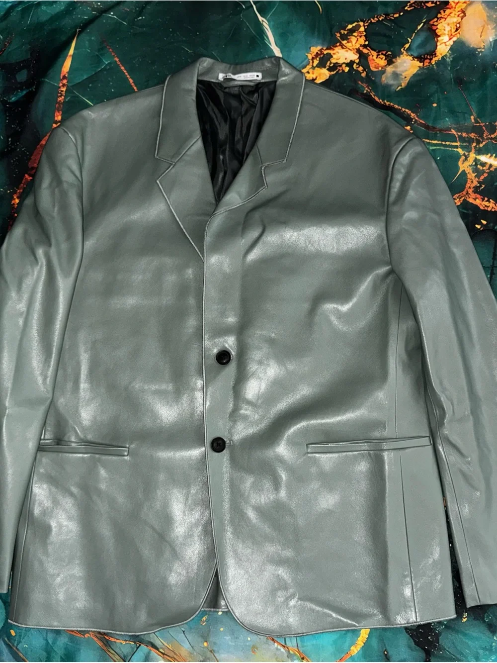 Zara Man - Men's Sage Green Leather Blazer - Modern Single-Breasted Jacket